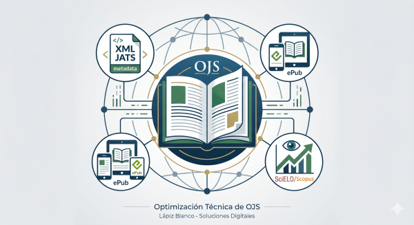 Infografía moderna sobre optimización de OJS, marcación XML JATS y visibilidad académica - Lápiz Blanco